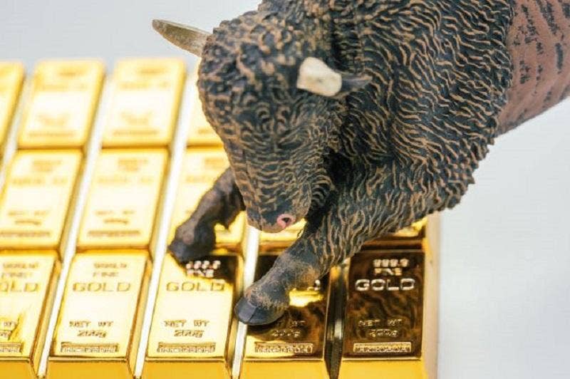 Image shows the statue of bull with its feet on the stack of bars