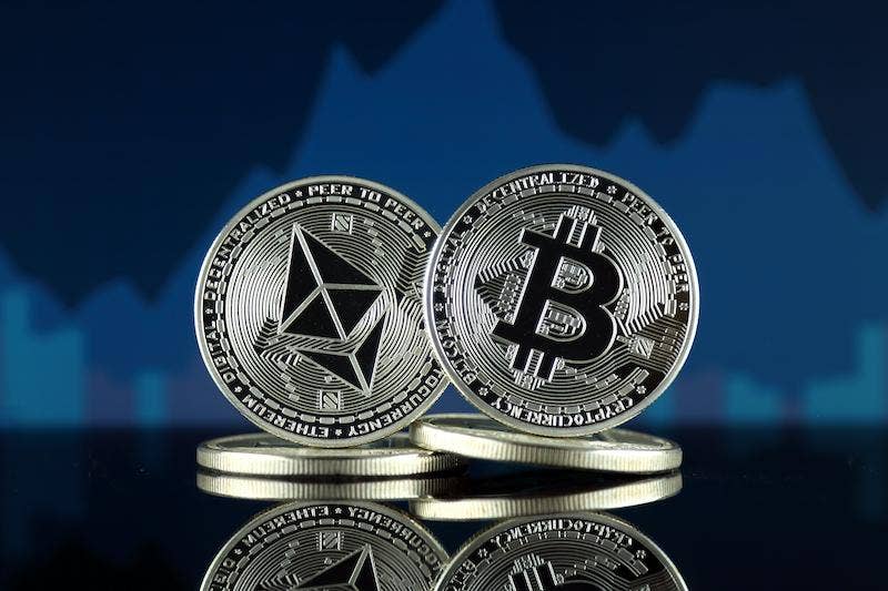 Bitcoins with graph in background