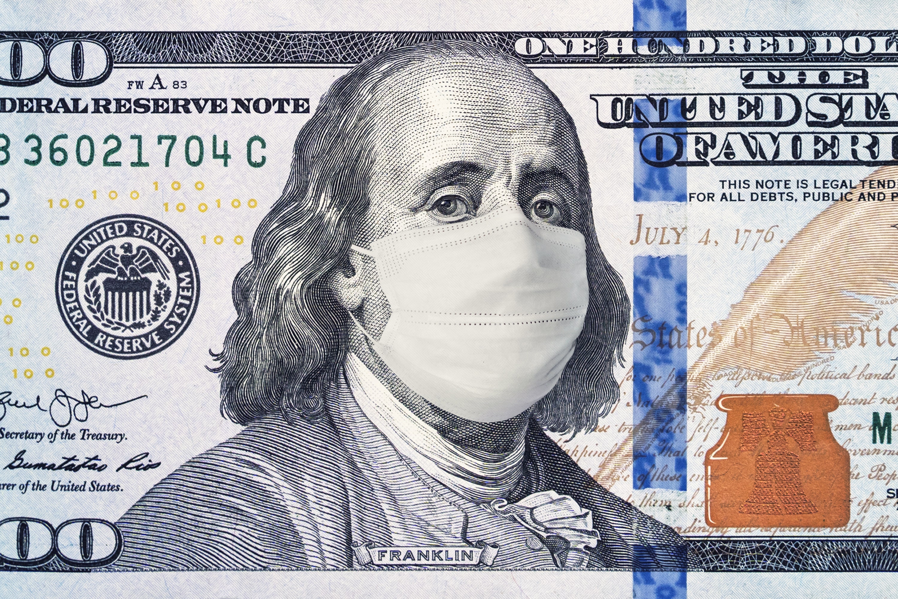 Image of Ben Franklin on the US $100 bill with a face mask on.