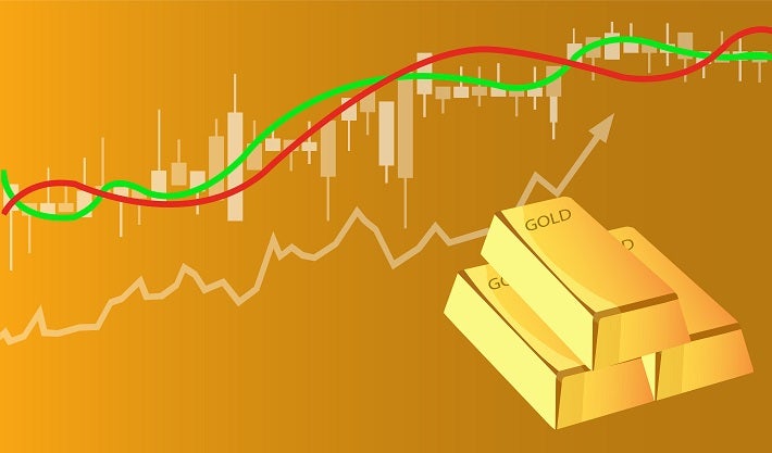 Abstract image of 3 gold bars in front of multiple graphs trending upwards