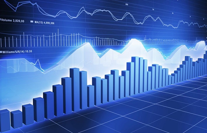 Images shows graphs and bars with shades of blue