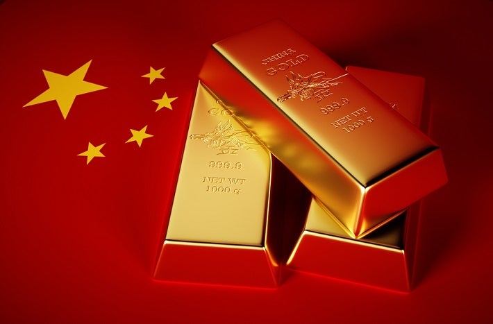 Image of gold bars sitting in a Chinese flag