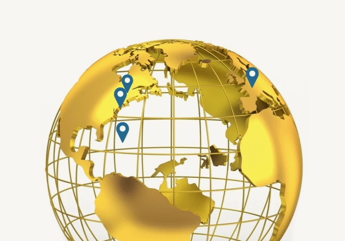 A gold earth with location markers on it showing Sprott Money Precious Metals Storage international locations