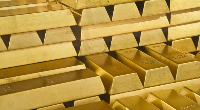Close up view of stacks of gold bullion bars