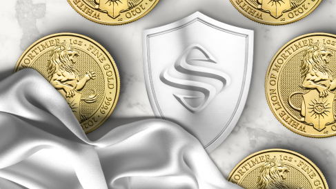 The Sprott logo on a shield surrounded by gold coins