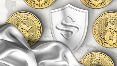 The Sprott logo on a shield surrounded by gold coins