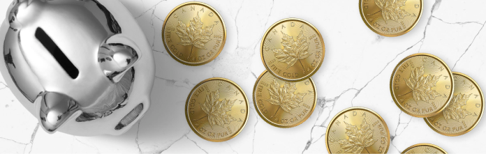 Multiple gold coins next to a silver piggy bank