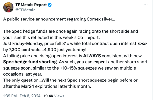 TF Metals Report X post on February 6 